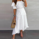 Off Shoulder Half Sleeve Ankle-Length Patchwork Pullover Womens Dress