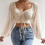 Patchwork Chiffon Shirt Women Lantern Sleeves See-Through Square Neck Slim Cropped Tops Sexy Blouse Solid Drawstring Skinny Tees .